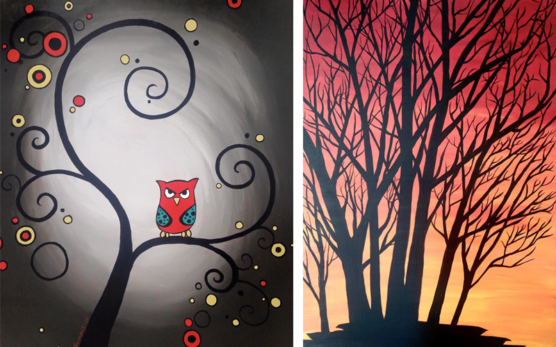 West Seattle Acrylic Painting Abstract Grumpy Owl and Sunset Trees
